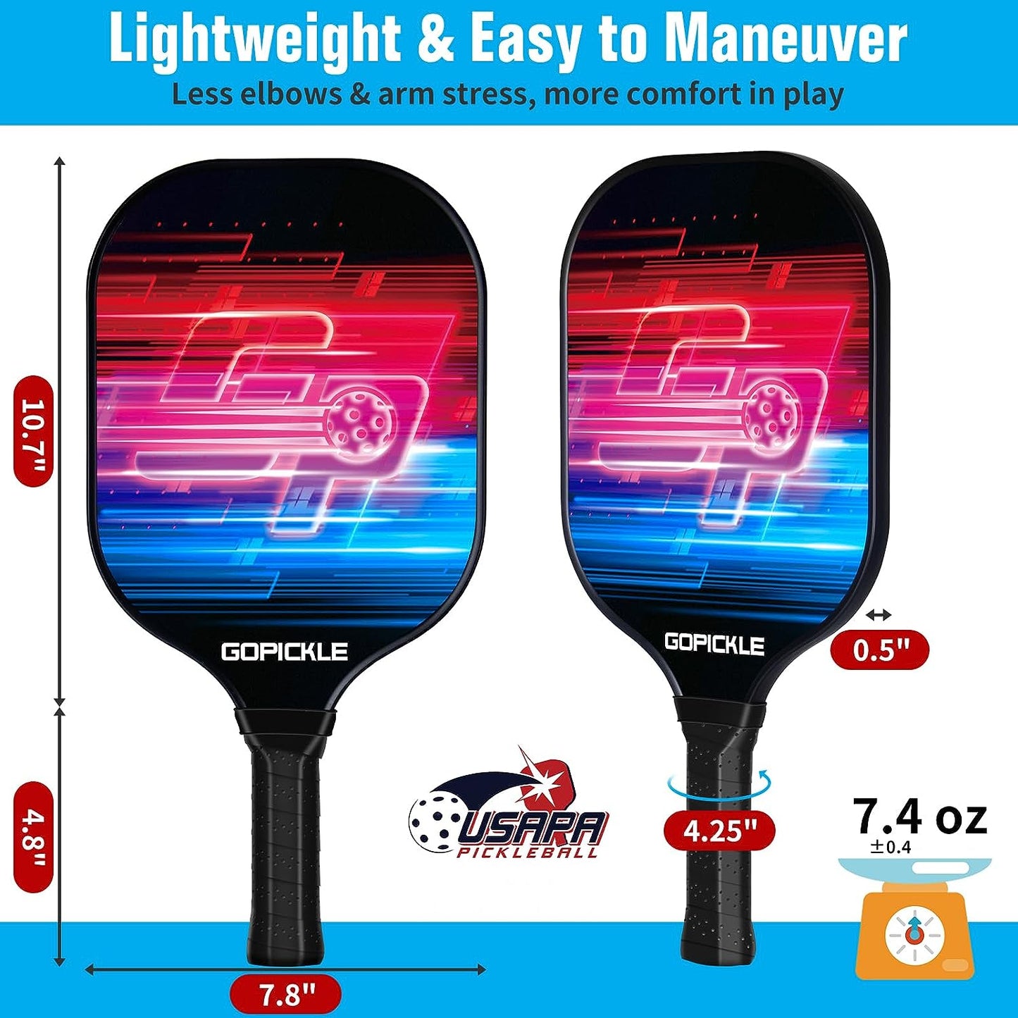 GoPickle Fiberglass Pickleball Paddles, Pickleball Set of 2 Fiberglass Paddles, 4 Pickleball Balls, 8 Lead Tape, Backpack