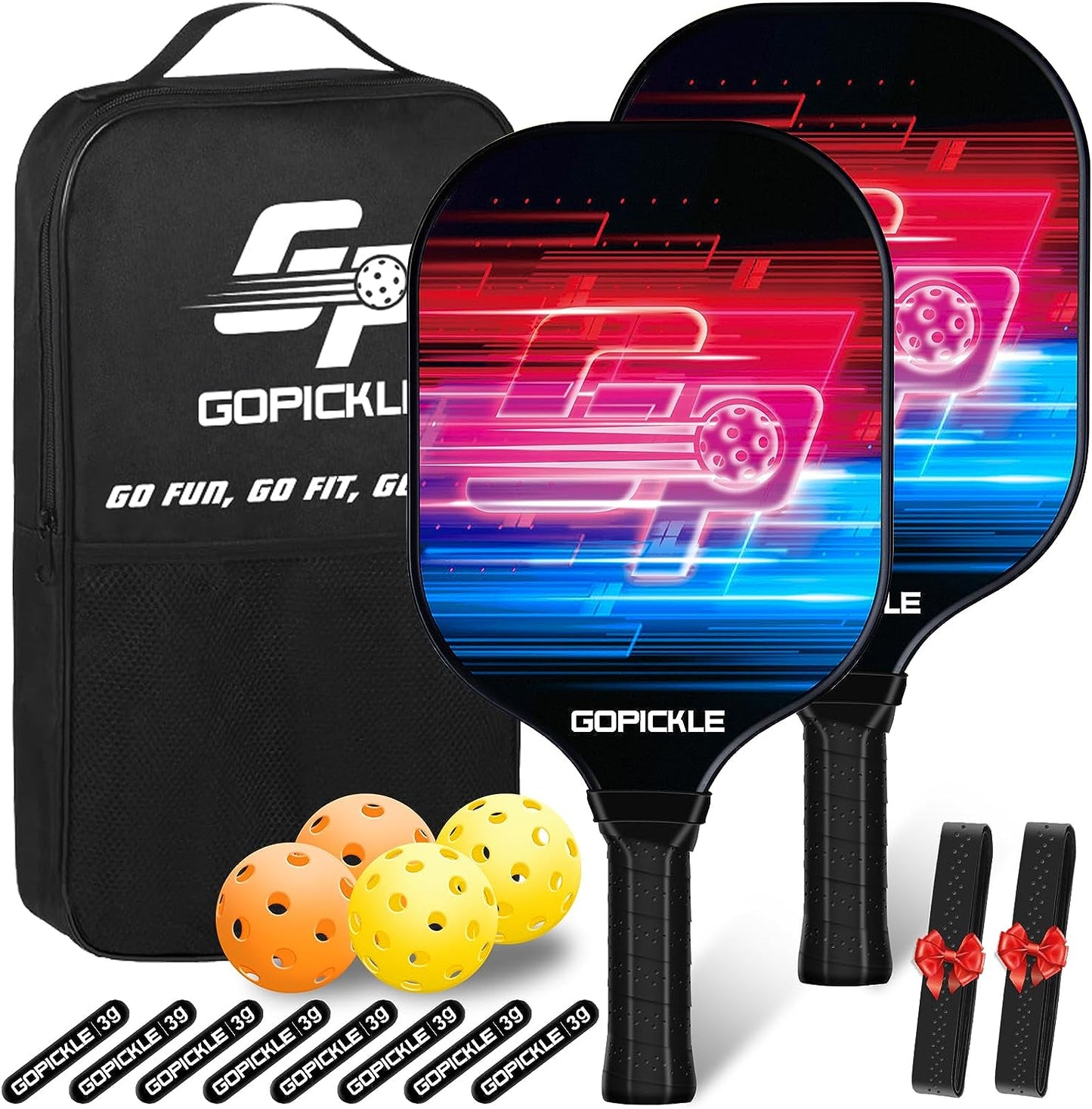 GoPickle Fiberglass Pickleball Paddles, Pickleball Set of 2 Fiberglass Paddles, 4 Pickleball Balls, 8 Lead Tape, Backpack