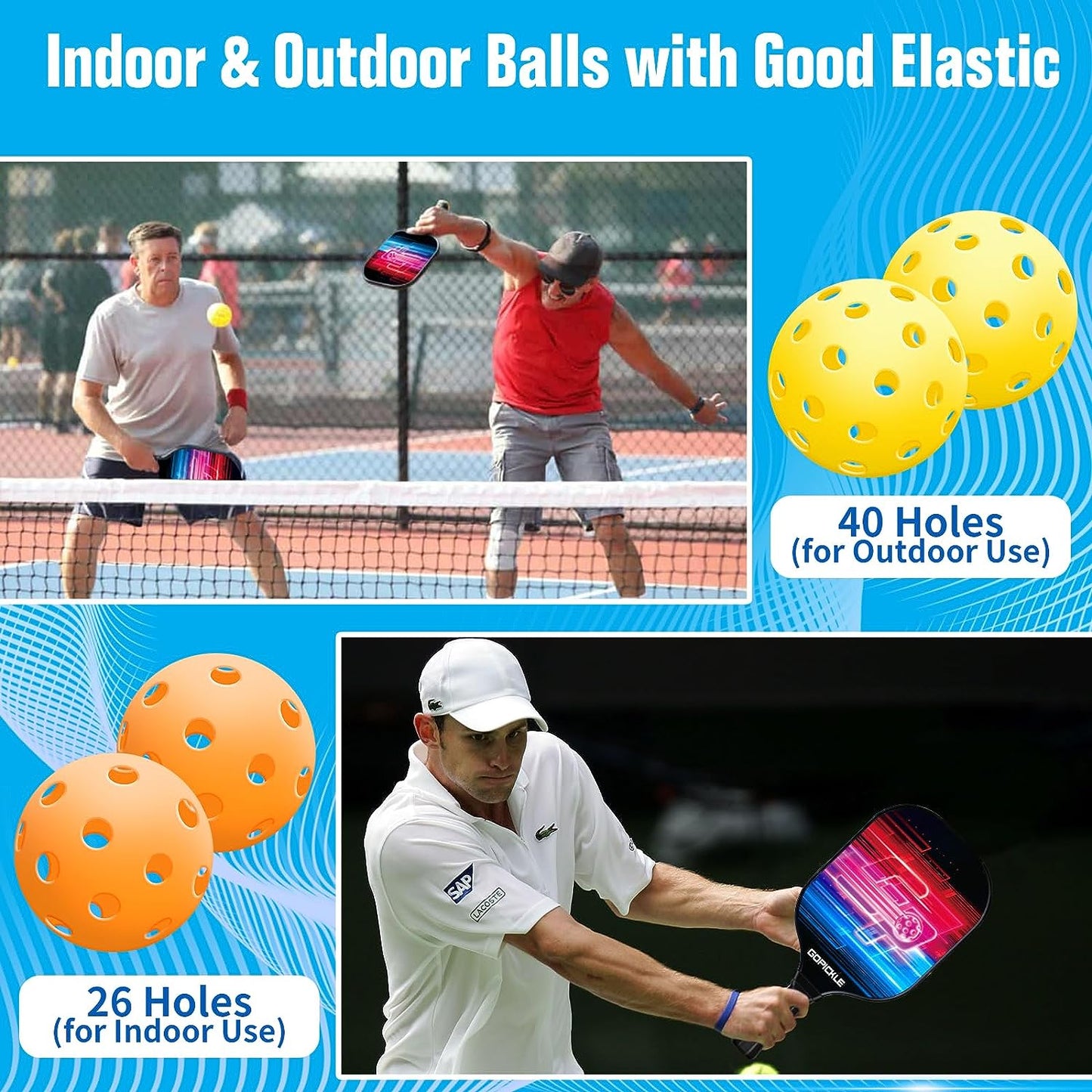 GoPickle Fiberglass Pickleball Paddles, Pickleball Set of 2 Fiberglass Paddles, 4 Pickleball Balls, 8 Lead Tape, Backpack