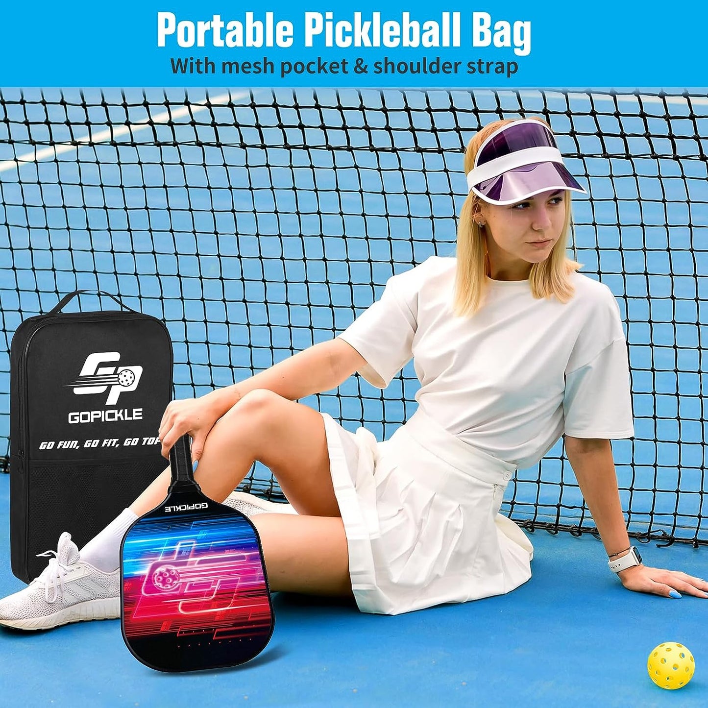 GoPickle Fiberglass Pickleball Paddles, Pickleball Set of 2 Fiberglass Paddles, 4 Pickleball Balls, 8 Lead Tape, Backpack